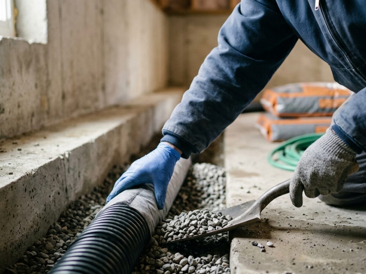 Interior perimeter drainage channel and pipe being installed in a Kansas City crawl space