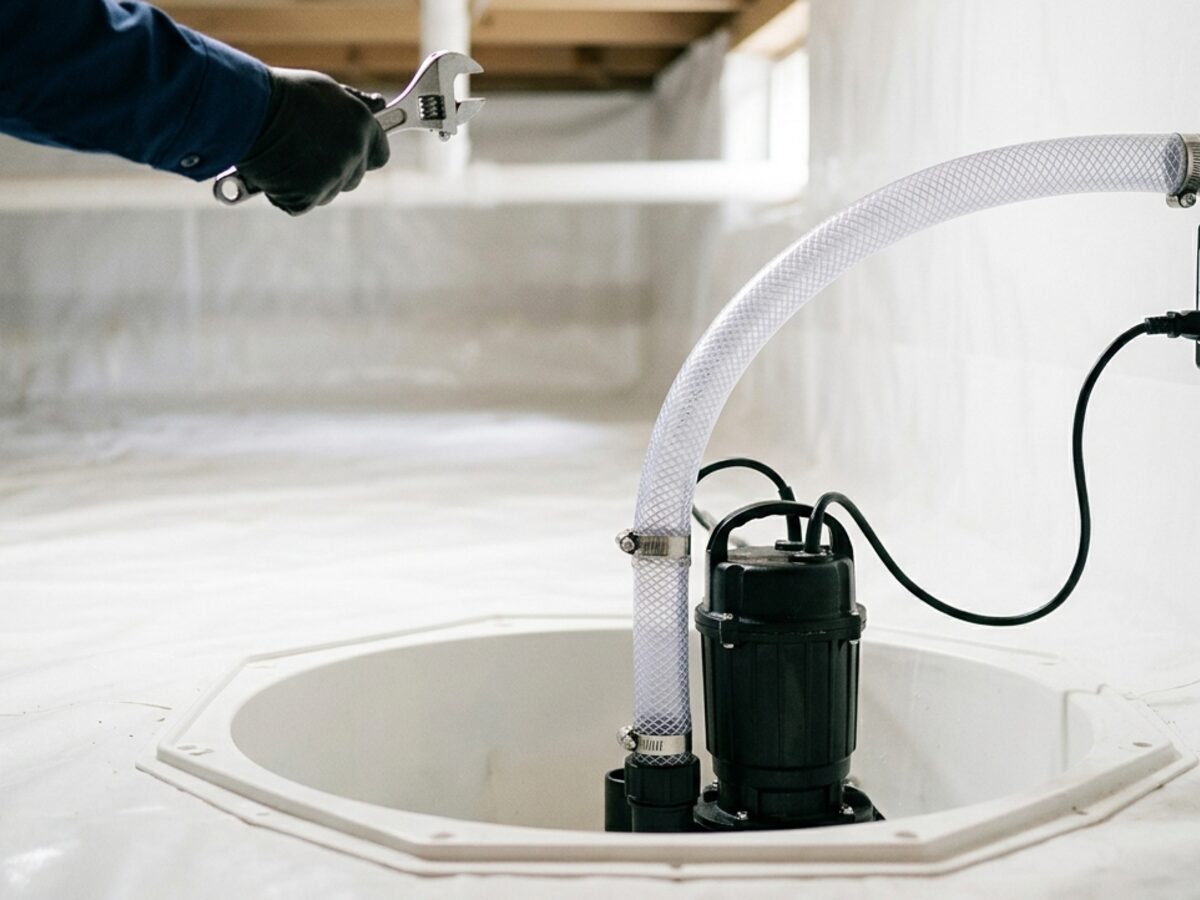 A new sump pump set in a clean basin in an encapsulated crawl space
