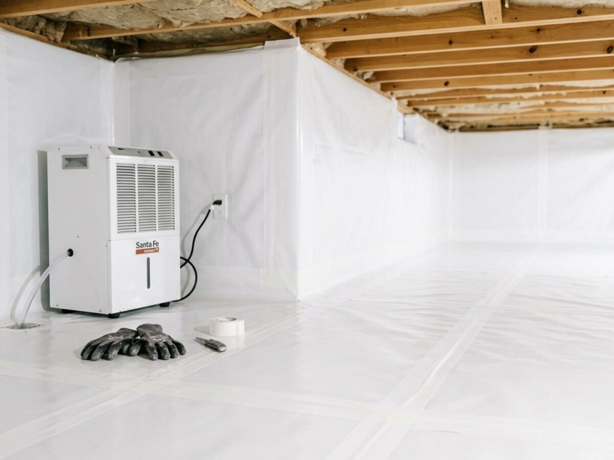 A finished, bright white sealed crawl space with a dehumidifier