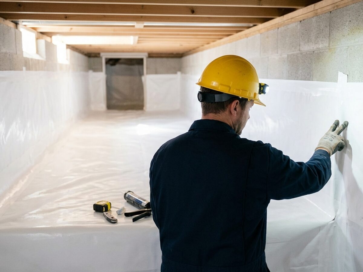 A technician sealing the vapor-barrier liner in a clean, encapsulated Kansas City crawl space